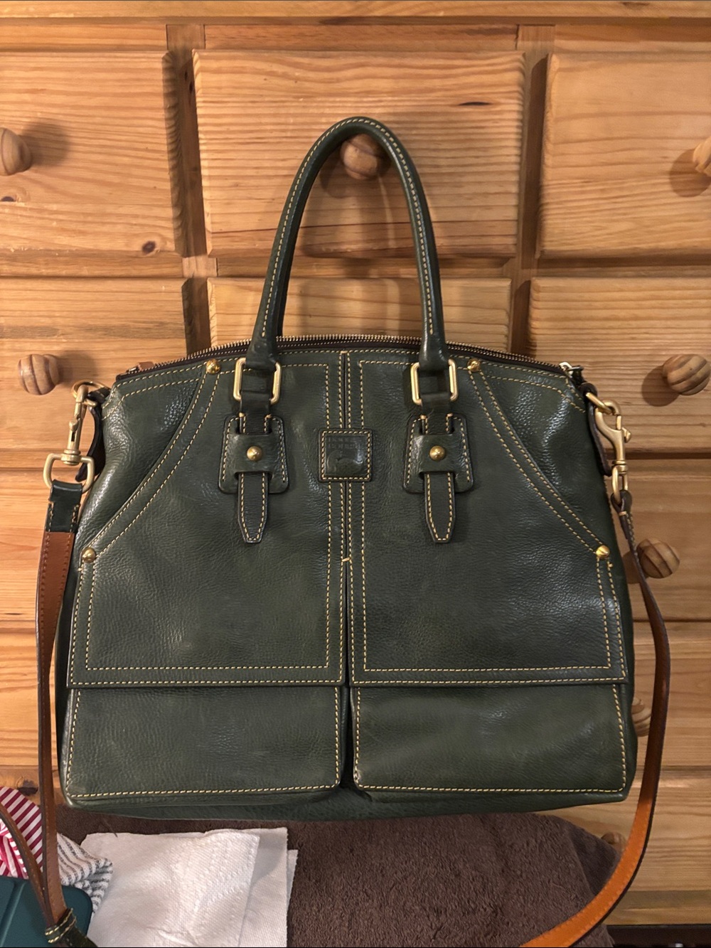 Dooney & Bourke Dark Green Leather Messenger Tote with Tan Strap